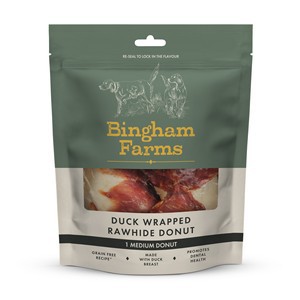 Bingham Farms Duck Wrapped Rawhide Donut 75g Dog Treats x 10 packs